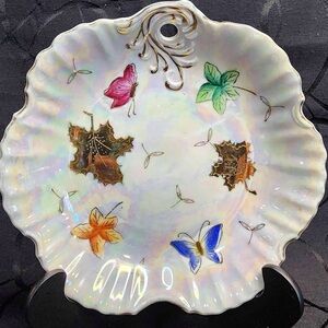 Vtg Lipper & Mann Lusterware Handled Dish Iridescent Gold Leaf Butterfly Japan